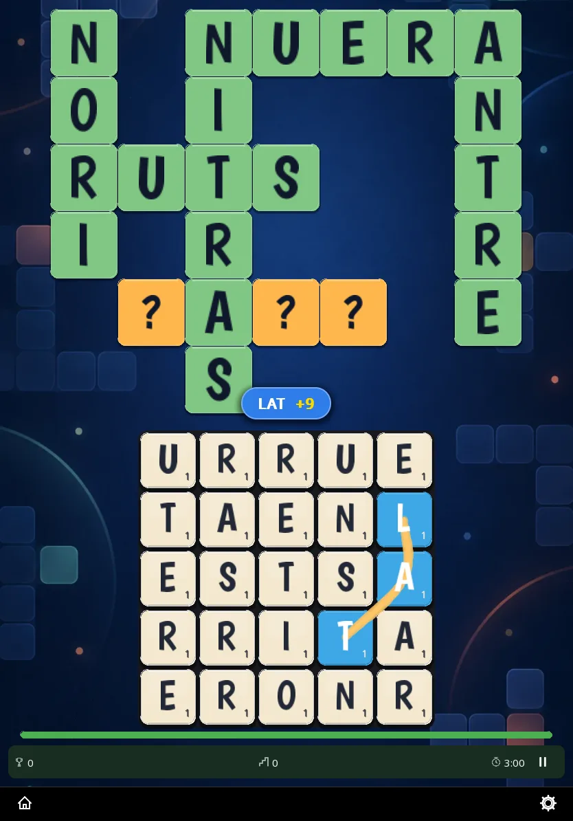 Partie de Wordz en mode Grille sur tablette, thème sombre : mots croisés en haut, grande grille de lettres en bas, un mot en cours de tracé.