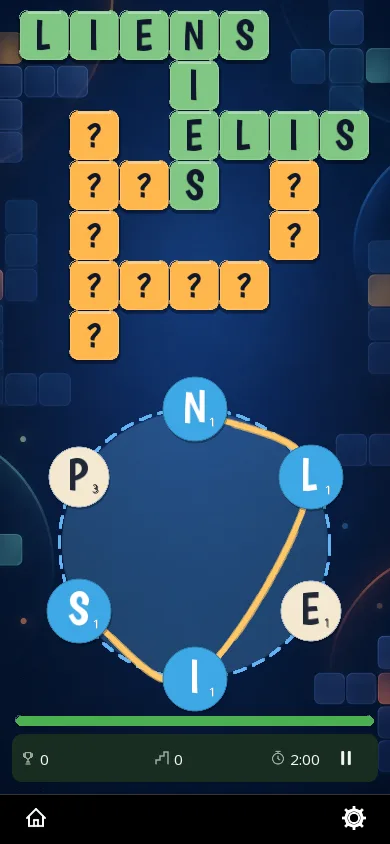 Partie de Wordz en mode Cercle sur téléphone, thème sombre : les mots croisés à compléter en haut, et en bas six lettres disposées en cercle, dont quatre déjà choisies en bleu.