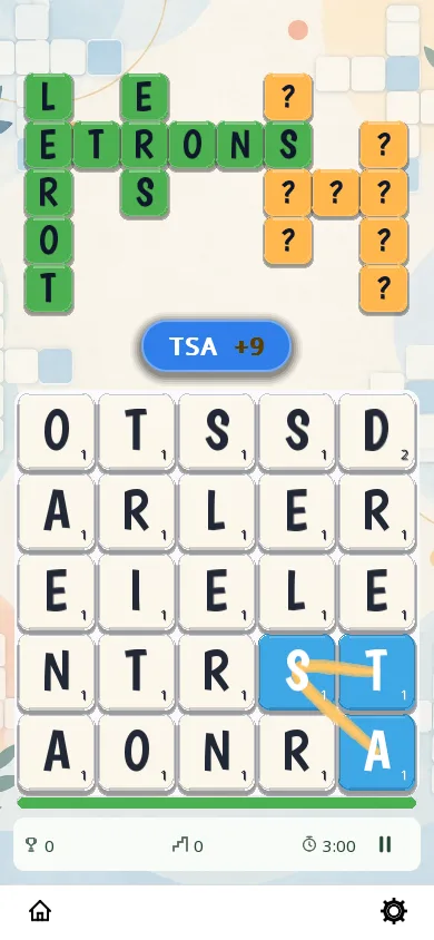 Partie de Wordz en mode Grille sur téléphone, thème clair : mots croisés en partie révélés et grille de lettres, un mot en cours de tracé.